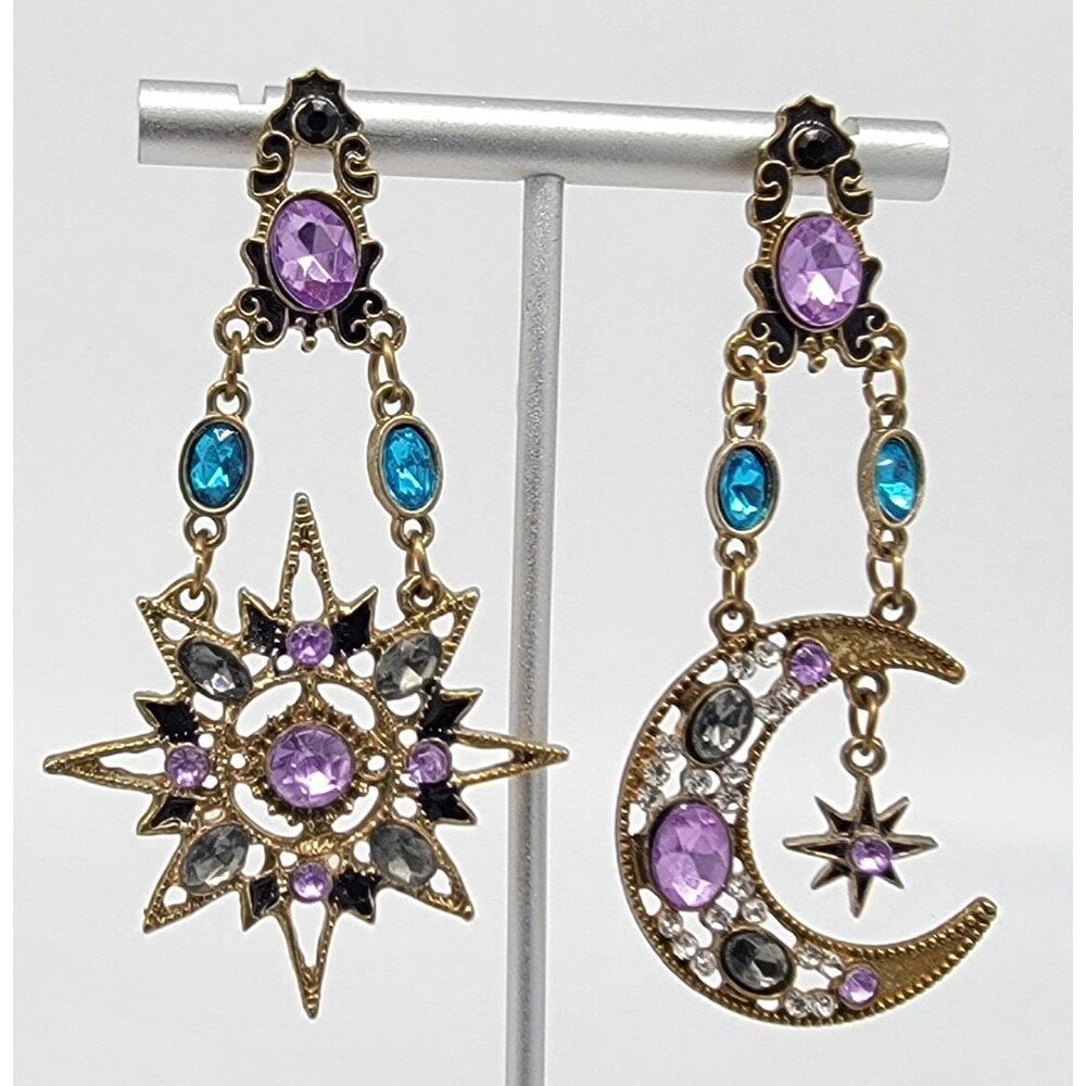 Celestial Sun Moon Dangle Earrings Gold Tone Rhinestone Lavender Blue Gray